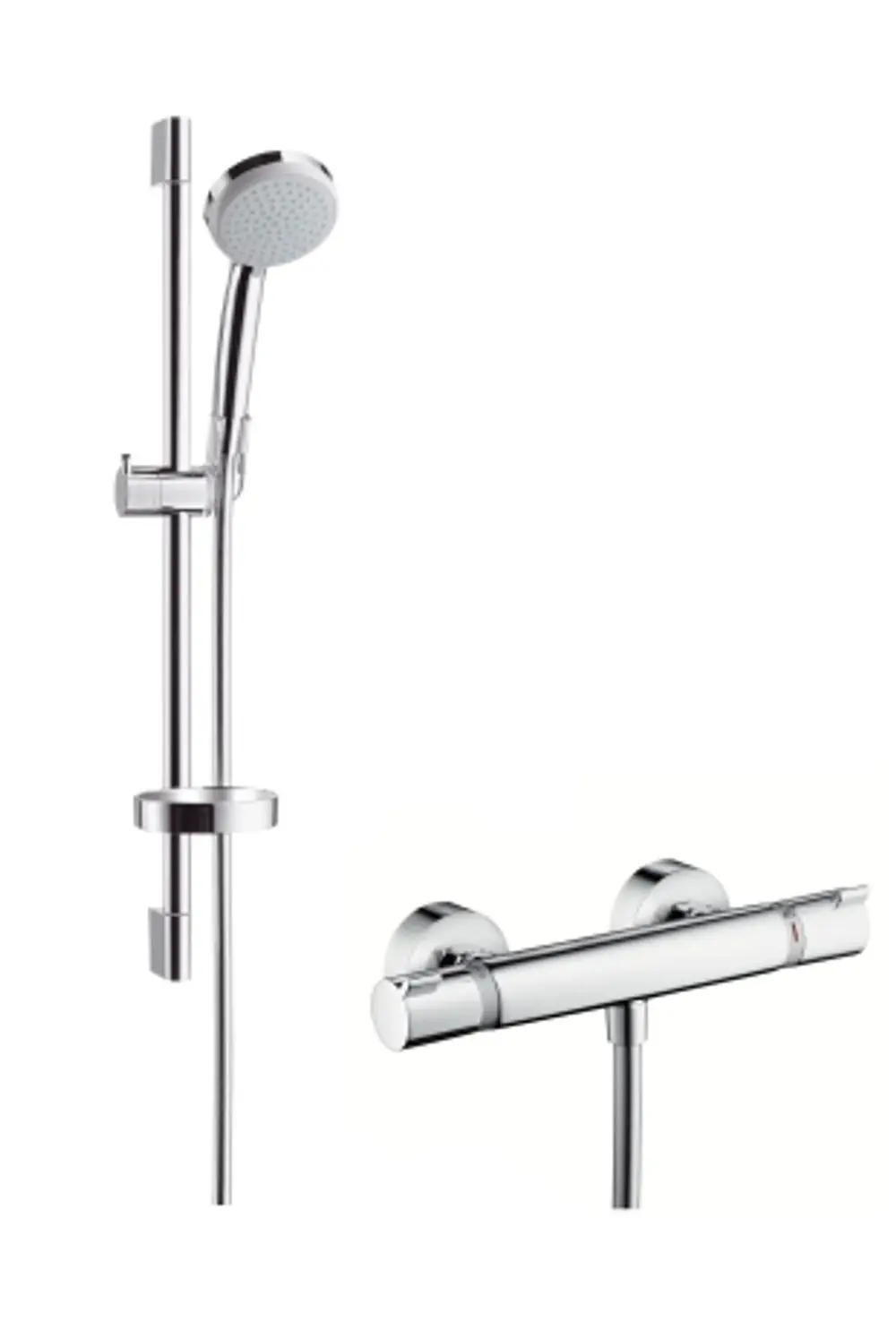 Hansgrohe Duschsystem mit Handbrause, Thermostat und Brausestange in chrom anodisiert. Die Installation erfolgt auf der Wand.